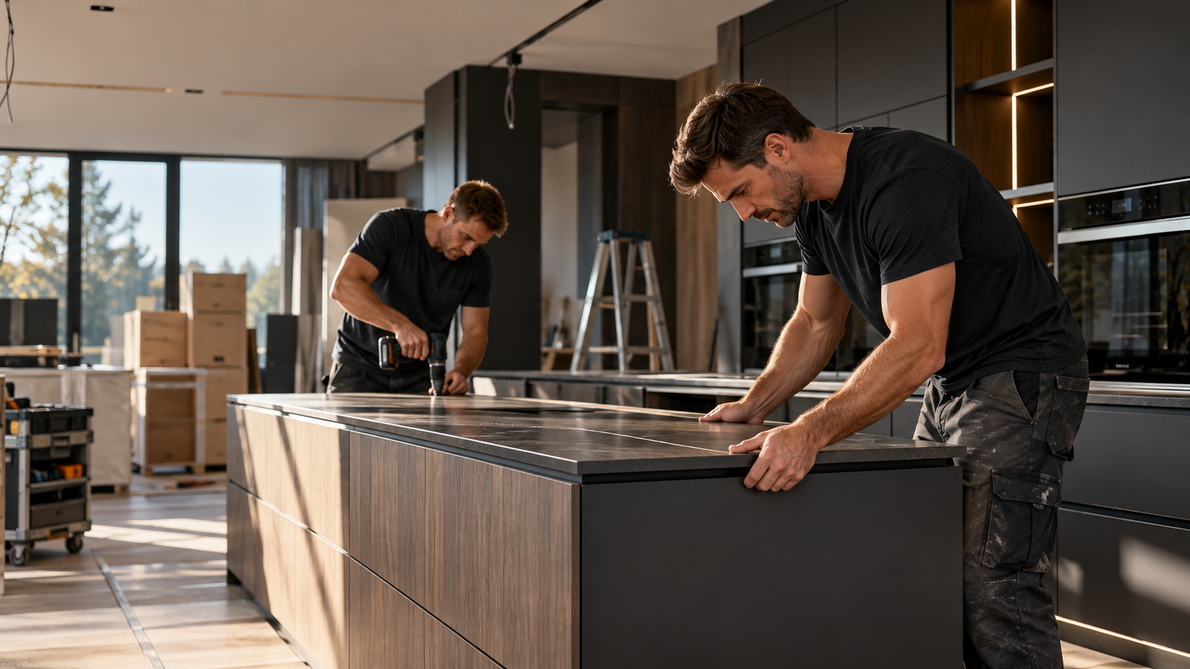 Zwei Monteure bei der Montage einer modernen Einrichtung