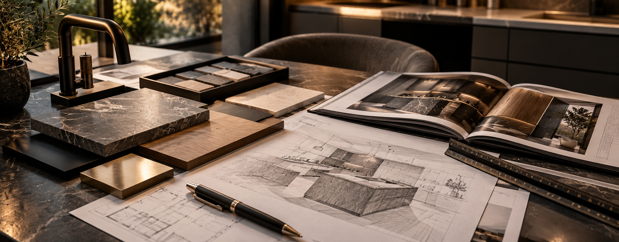 Planungs- und Materialtisch mit Grundriss, Naturstein, Holz und Armatur