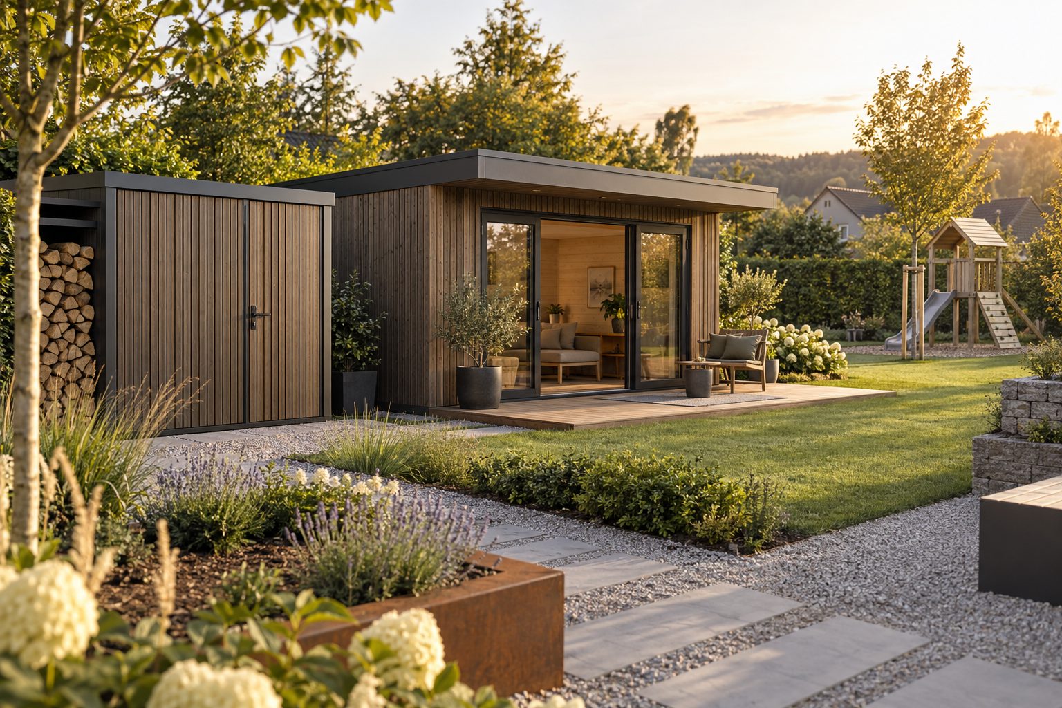 Moderner Outdoor- und Terrassenbereich mit klarer Architektur