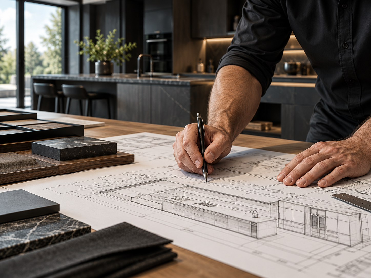Präzise Küchenplanung mit Zeichnungen und Materialmustern